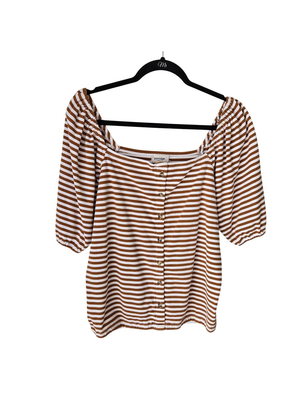 Anthropologie Striped Puff Sleeve Top Porridge Size XL